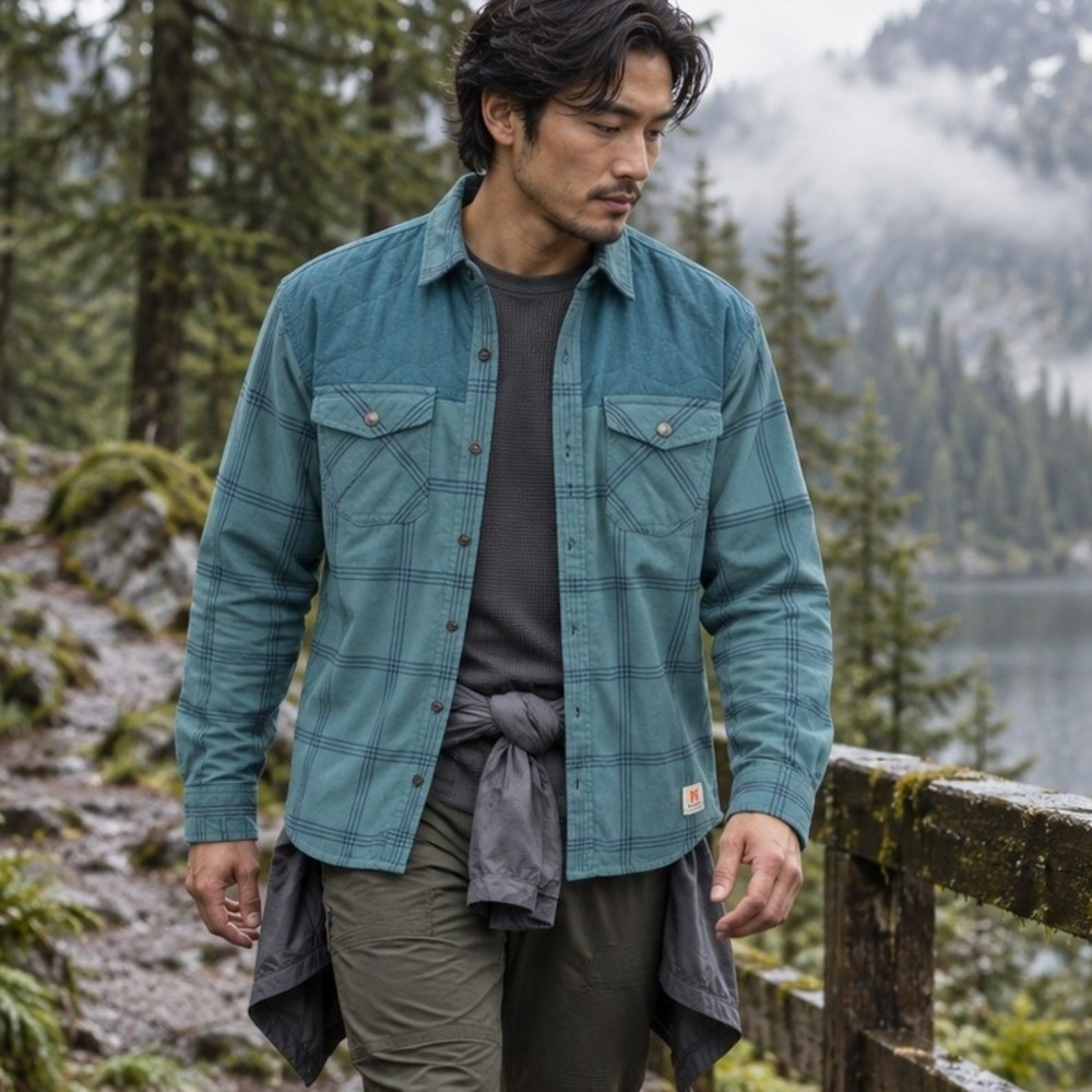 Howler Bros Quintana Large Teal Plaid Quilted Yoke Flannel Button Down Shirt